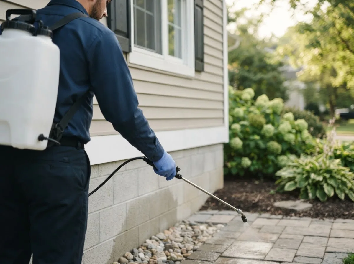 Pest control technician inspecting a home in Amherst, CO